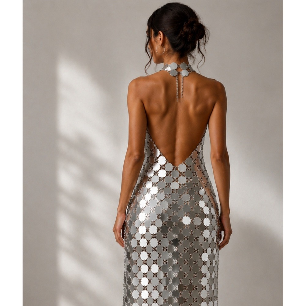 Silver Mirror Disc Chainmail Halter Maxi Dress Open Back Disco Space Age Y2K